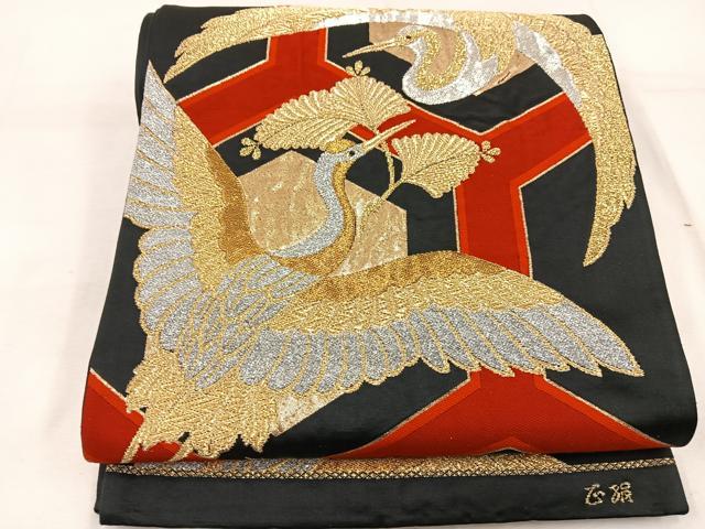 平和屋着物◎六通柄袋帯 亀甲向かい鶴 黒地 金銀糸 正絹 逸品 BAAW1097mz