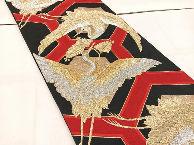 平和屋着物◎六通柄袋帯 亀甲向かい鶴 黒地 金銀糸 正絹 逸品 BAAW1097mz