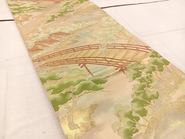 平和屋着物◎六通柄袋帯　唐織　風景文　金糸　正絹　逸品　BAAW1098mz