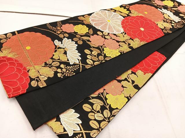 平和屋着物◎六通柄袋帯　唐織　菊花文　黒地　金糸　正絹　逸品　BAAW1104mz