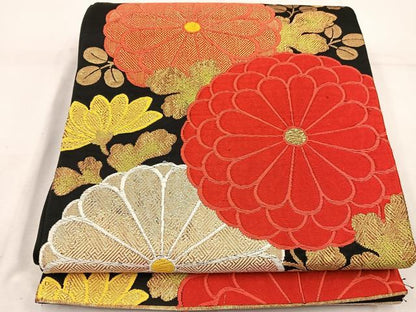 平和屋着物◎六通柄袋帯　唐織　菊花文　黒地　金糸　正絹　逸品　BAAW1104mz