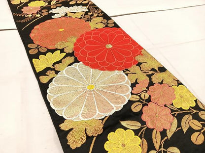 平和屋着物◎六通柄袋帯　唐織　菊花文　黒地　金糸　正絹　逸品　BAAW1104mz