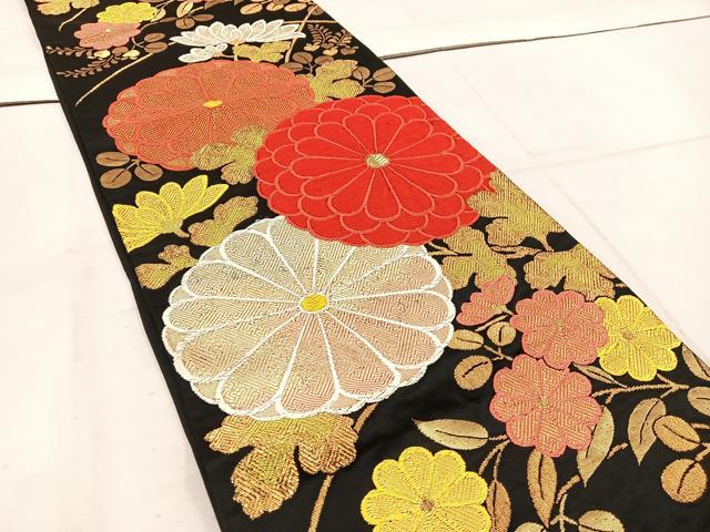 平和屋着物◎六通柄袋帯　唐織　菊花文　黒地　金糸　正絹　逸品　BAAW1104mz