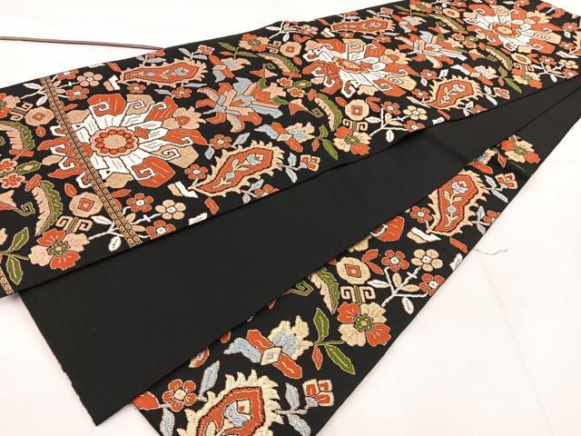平和屋着物◎六通柄 本袋帯 草花文 黒地 金銀糸 BAAW1110mz
