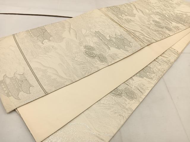 平和屋着物◎六通柄袋帯　九百錦織　風景花文　プラチナ二重箔　正絹　逸品　BAAW1113mz