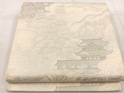 平和屋着物◎六通柄袋帯　九百錦織　風景花文　プラチナ二重箔　正絹　逸品　BAAW1113mz