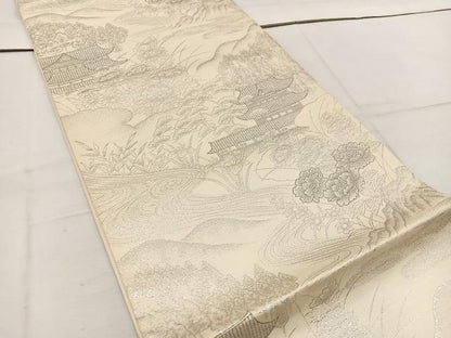 平和屋着物◎六通柄袋帯　九百錦織　風景花文　プラチナ二重箔　正絹　逸品　BAAW1113mz