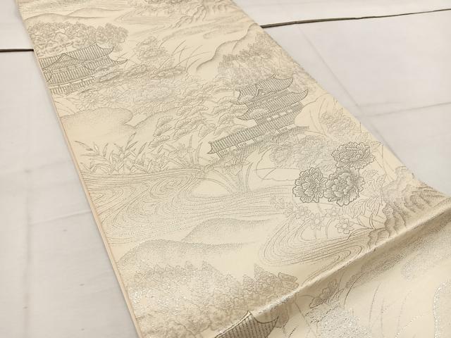 平和屋着物◎六通柄袋帯　九百錦織　風景花文　プラチナ二重箔　正絹　逸品　BAAW1113mz
