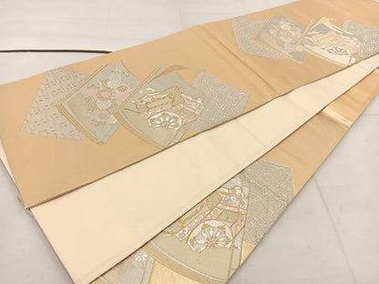 平和屋着物◎六通柄袋帯　唐織　御所車冊子花蝶文　金銀糸　正絹　逸品　BAAW1114mz