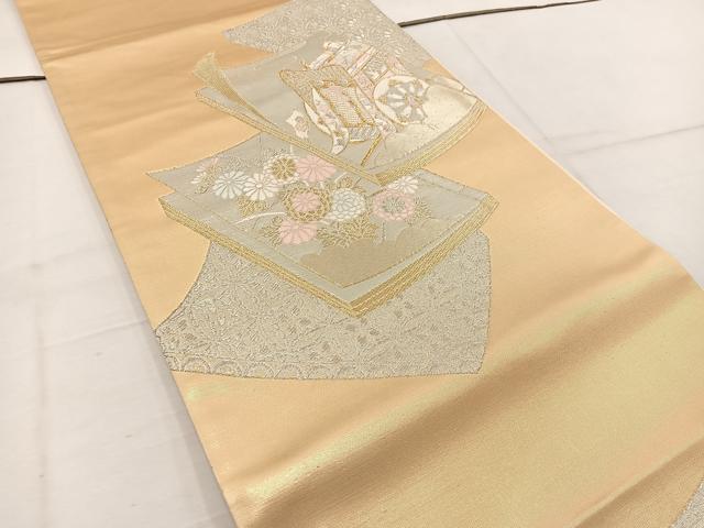 平和屋着物◎六通柄袋帯 唐織 御所車冊子花蝶文 金銀糸
