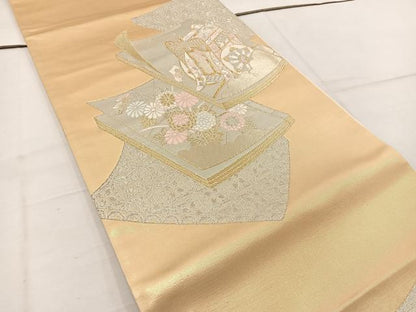 平和屋着物◎六通柄袋帯　唐織　御所車冊子花蝶文　金銀糸　正絹　逸品　BAAW1114mz