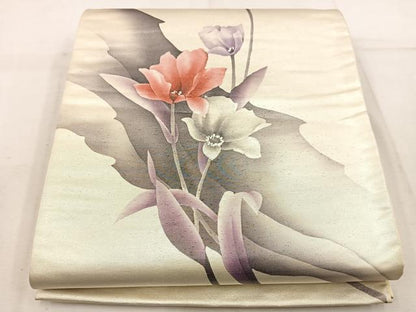平和屋着物◎太鼓柄袋帯 手描き 枝花文 引箔 正絹 逸品 BAAW1116mz