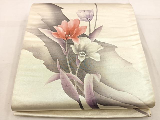 平和屋着物◎太鼓柄袋帯 手描き 枝花文 引箔 正絹 逸品 BAAW1116mz