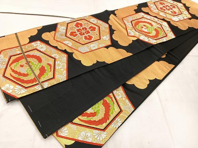 平和屋着物◎六通柄袋帯　唐織　鳳凰亀甲花文　黒地　金銀糸　正絹　逸品　未使用　BAAW1121mz