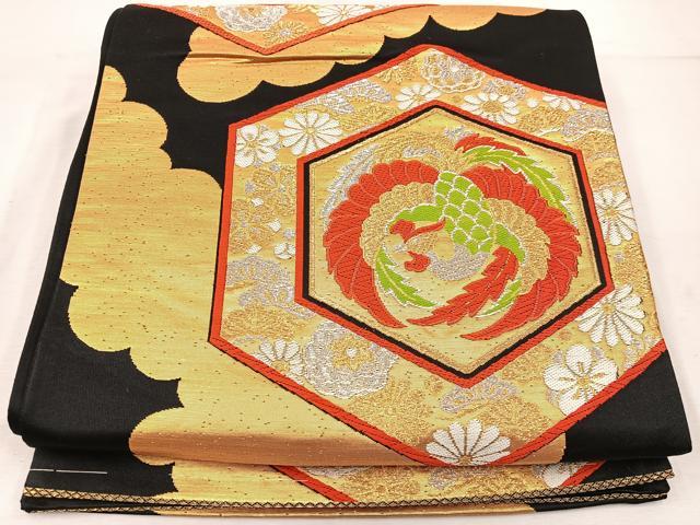 平和屋着物◎六通柄袋帯　唐織　鳳凰亀甲花文　黒地　金銀糸　正絹　逸品　未使用　BAAW1121mz