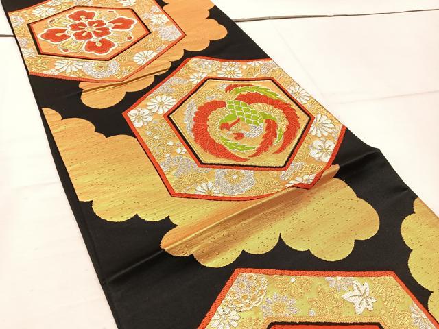平和屋着物◎六通柄袋帯　唐織　鳳凰亀甲花文　黒地　金銀糸　正絹　逸品　未使用　BAAW1121mz
