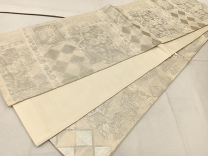 平和屋着物◎六通柄袋帯 幾何学花文 銀糸 正絹 逸品 BAAW1125mz