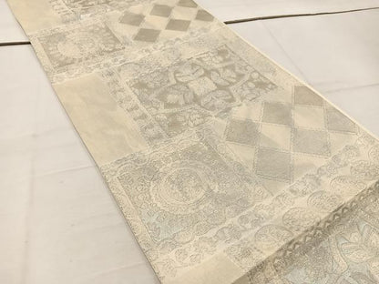 平和屋着物◎六通柄袋帯 幾何学花文 銀糸 正絹 逸品 BAAW1125mz