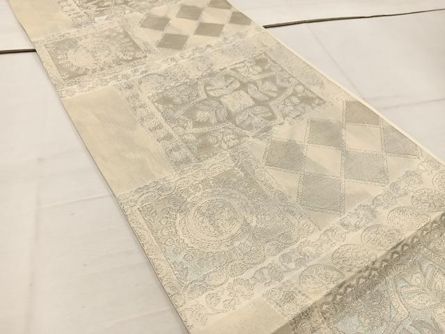 平和屋着物◎六通柄袋帯 幾何学花文 銀糸 正絹 逸品 BAAW1125mz
