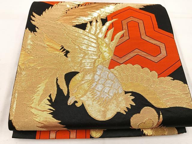 平和屋着物◎六通柄袋帯　鳳凰毘沙門亀甲　黒地　金銀糸　正絹　逸品　BAAW1129mz