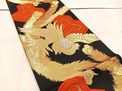 平和屋着物◎六通柄袋帯　鳳凰毘沙門亀甲　黒地　金銀糸　正絹　逸品　BAAW1129mz