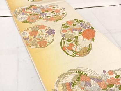 平和屋着物◎西陣　六通柄袋帯　唐織　花鳥丸文　金銀糸　正絹　逸品　BAAW1133mz