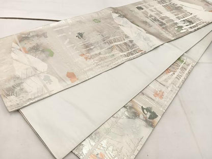 平和屋着物◎六通柄袋帯　遠山文　銀糸　正絹　逸品　BAAW1135mz
