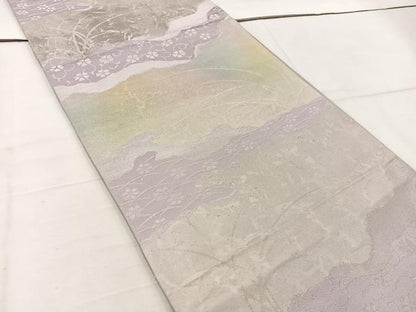 平和屋着物◎六通柄袋帯　雲重ね花文　銀糸　正絹　逸品　BAAW1137mz