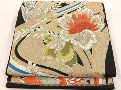 平和屋着物◎六通柄袋帯　草花文　黒地　金銀糸　正絹　逸品　BAAW1140mz