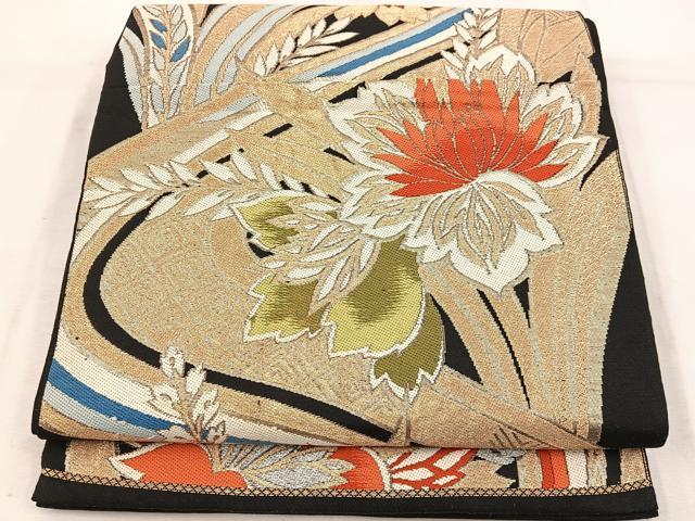 平和屋着物◎六通柄袋帯　草花文　黒地　金銀糸　正絹　逸品　BAAW1140mz