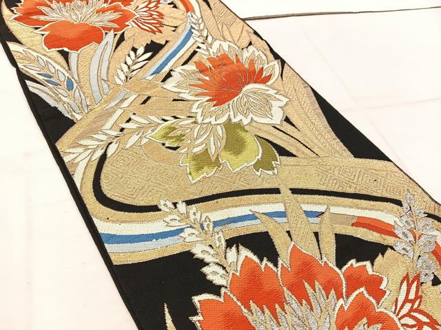 平和屋着物◎六通柄袋帯　草花文　黒地　金銀糸　正絹　逸品　BAAW1140mz