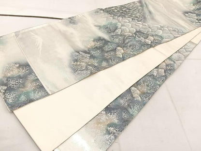 平和屋着物◎六通柄袋帯　遠山樹林文　銀糸　引箔　正絹　逸品　BAAW1143mz