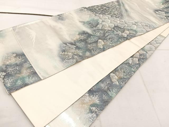 平和屋着物◎六通柄袋帯　遠山樹林文　銀糸　引箔　正絹　逸品　BAAW1143mz