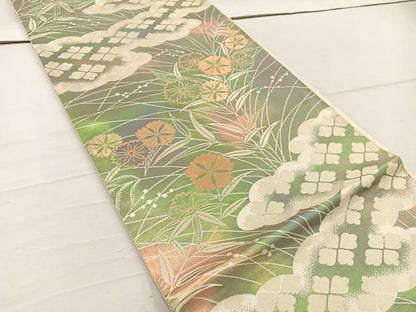 平和屋着物◎六通柄袋帯　雲重ね花文　金糸　正絹　逸品　BAAW1146mz