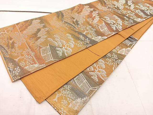 平和屋着物◎六通柄袋帯　風景花文　銀糸　正絹　逸品　BAAW1147mz