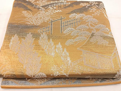 平和屋着物◎六通柄袋帯　風景花文　銀糸　正絹　逸品　BAAW1147mz