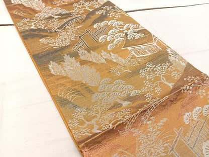 平和屋着物◎六通柄袋帯　風景花文　銀糸　正絹　逸品　BAAW1147mz