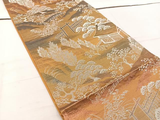 平和屋着物◎六通柄袋帯　風景花文　銀糸　正絹　逸品　BAAW1147mz
