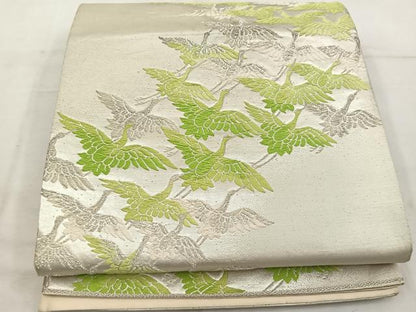 平和屋着物◎六通柄袋帯　唐織　飛鶴文　銀糸　正絹　逸品　BAAW1149mz