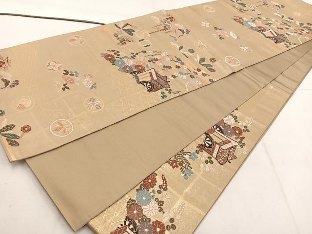 平和屋着物◎六通柄袋帯　唐織　草木染　御所車花文　金糸　正絹　逸品　BAAW1163mz