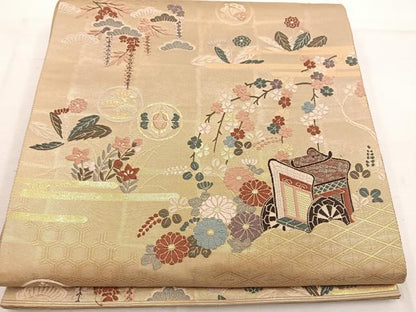 平和屋着物◎六通柄袋帯　唐織　草木染　御所車花文　金糸　正絹　逸品　BAAW1163mz