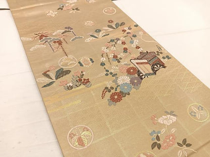 平和屋着物◎六通柄袋帯　唐織　草木染　御所車花文　金糸　正絹　逸品　BAAW1163mz