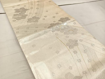 平和屋着物◎両面　全通柄袋帯　草花文　銀糸　正絹　逸品　BAAW1194mz