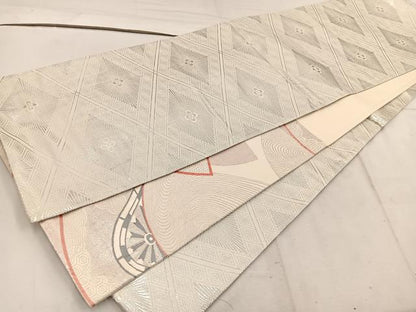 平和屋着物◎両面　六通柄袋帯　唐織　地紙重ね片輪車文　銀糸　正絹　逸品　BAAW1205mz