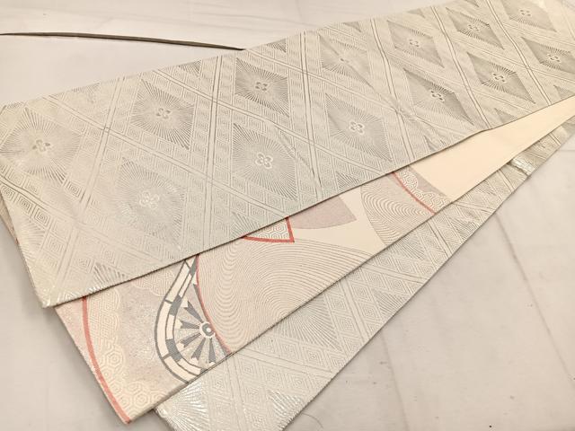 平和屋着物◎両面　六通柄袋帯　唐織　地紙重ね片輪車文　銀糸　正絹　逸品　BAAW1205mz