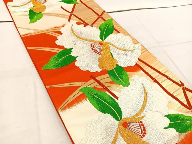 平和屋着物◎六通柄袋帯　唐織　カトレア　金糸　正絹　逸品　BAAW1216mz