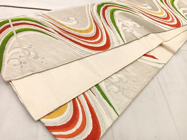 平和屋着物◎六通柄袋帯　唐織　立波文　銀糸　正絹　逸品　BAAW1237mz