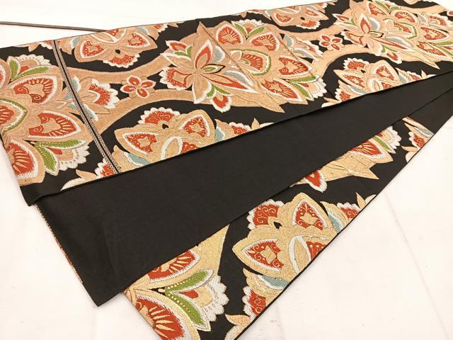平和屋着物◎六通柄　本袋帯　立涌更紗花文　黒地　金糸　正絹　逸品　BAAW1238mz