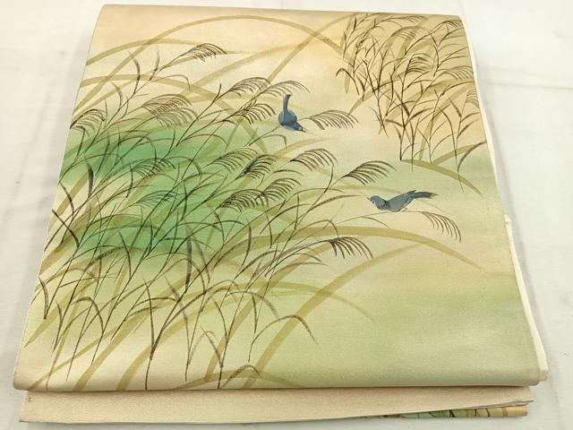 平和屋着物◎太鼓柄袋帯　手描き　花鳥文　引箔　正絹　逸品　BAAW1271mz