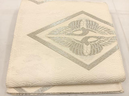 平和屋着物◎六通柄袋帯　唐織　双鶴　銀糸　正絹　逸品　BAAW1274mz